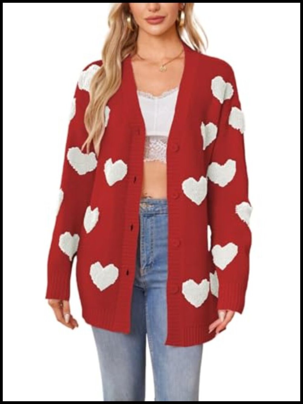 Oversized Valentine's Day Cardigan Sweater Kawaii Love Heart Button Up Preppy